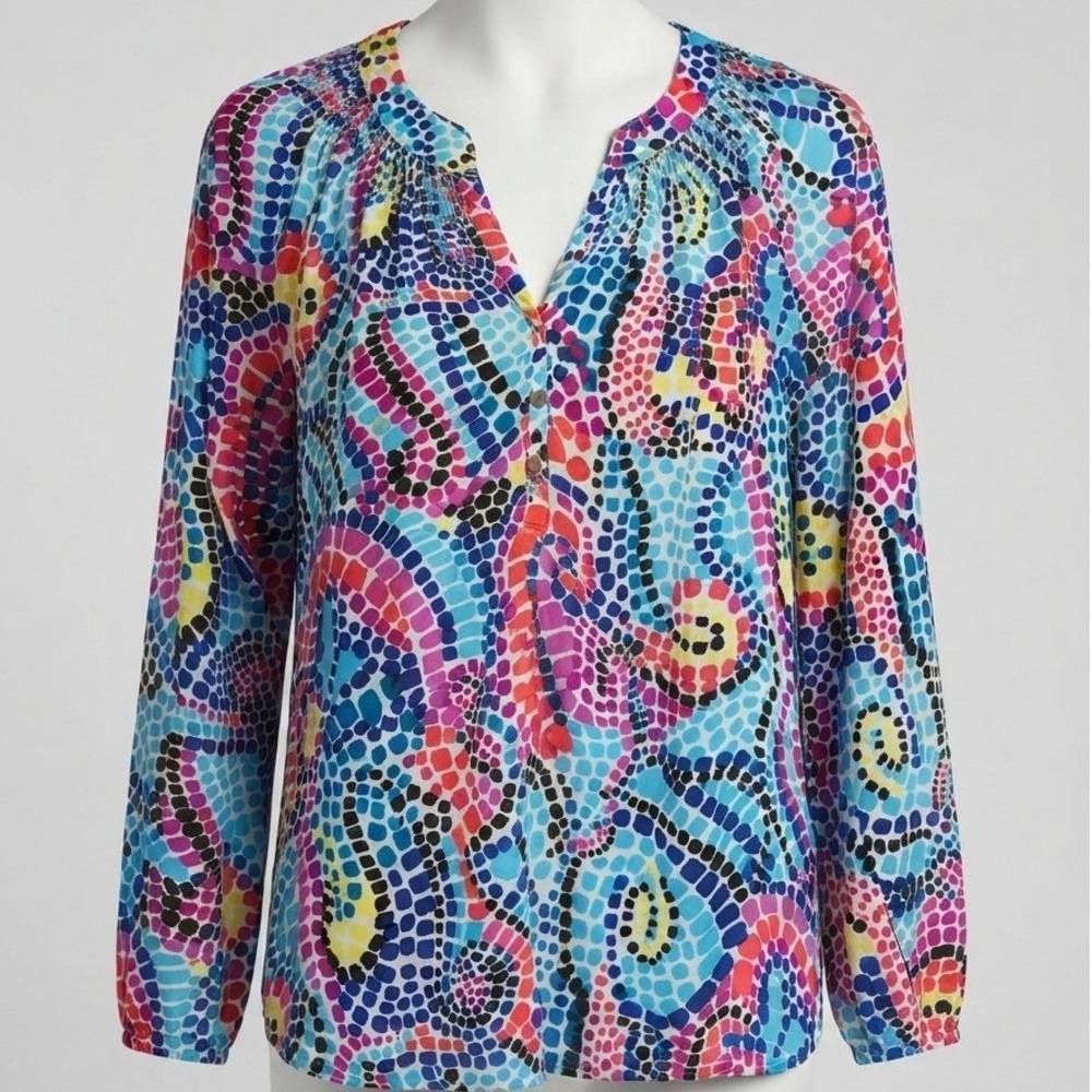 Investments Womens Large Multicolor Mosaic Print Smocked Split Neck Blouse Top